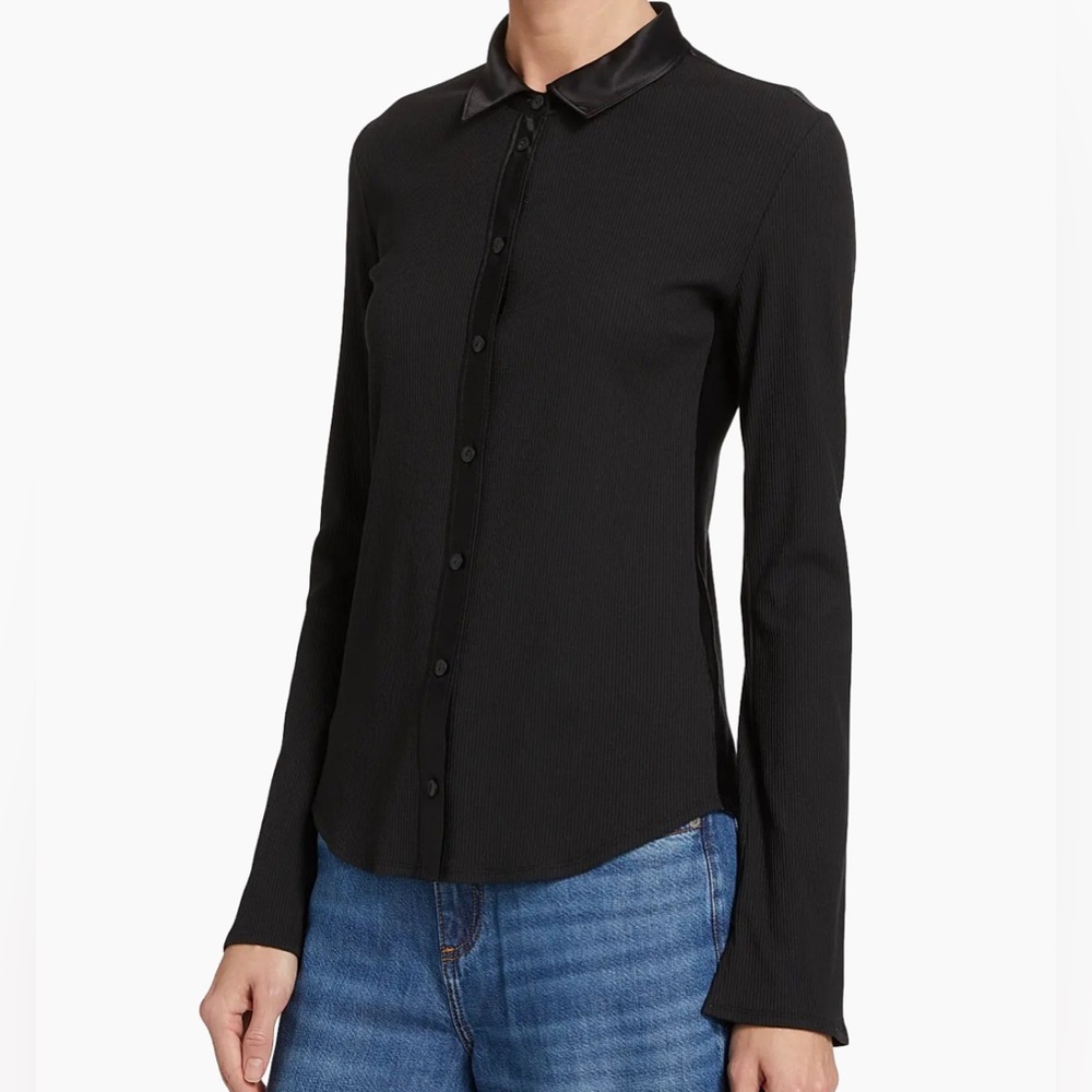 Rag & Bone Ribbed Mix Media Button Down Spread Collar Long Sleeve Black Shirt XS